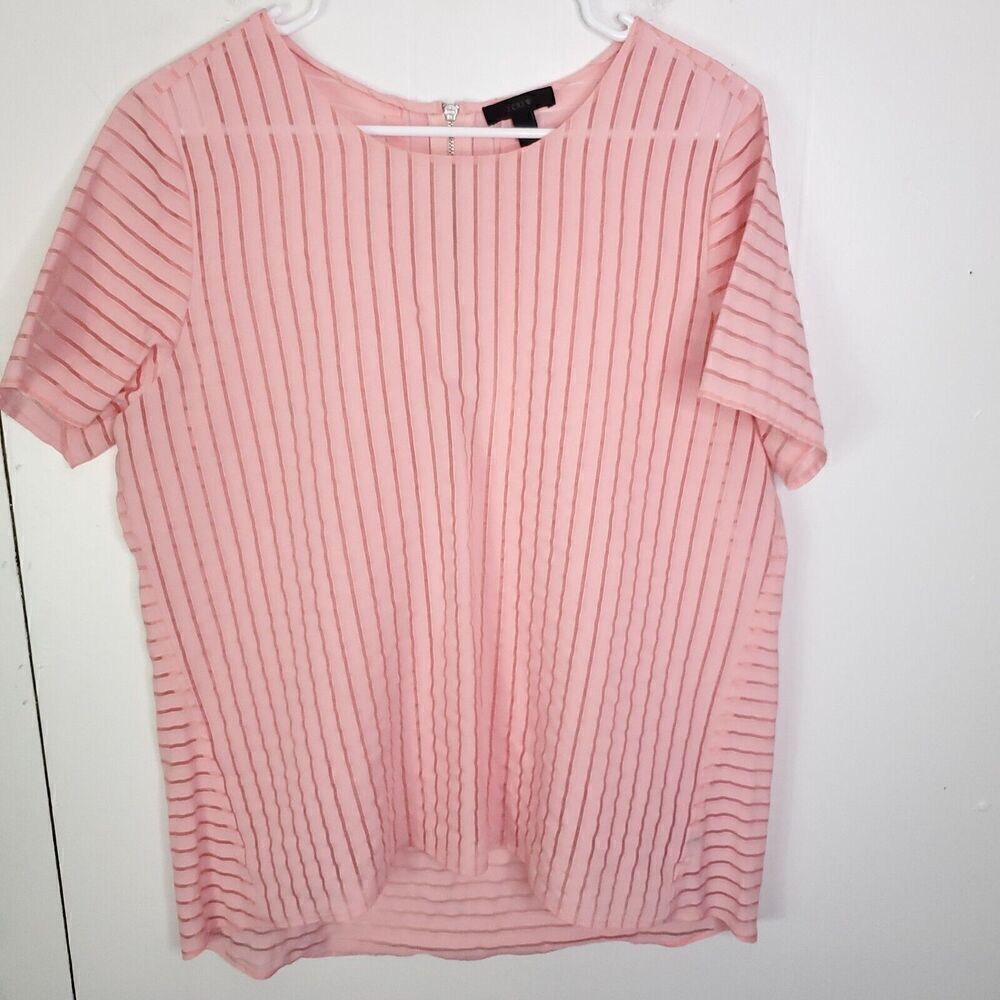 J Crew Top Womens 12 Sheer Stripes Popover Pink Zip Back Boxy Short Sleeve